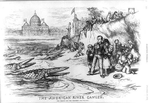 Library of Congress The American River Ganges cartoon by Thomas Nast was first published by Harper’s Weekly, September, 1871. Four years later, the original image of Nast’s most famous anti-Catholic image was updated. Tweed was safely out of the picture, literally and figuratively when the image was republished on 8 May, 1875 along with other minor modifications. The image is a tour de force of imagination and caricature technique. Nast dehumanized the Catholic bishops by turning them into reptiles. They emerge from the water toward the New York shoreline. Two clergy in the foreground had stereotypic Irish faces.