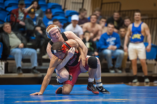 Photos by Todd Rundstrom Freshman Jacob Wasser had three takedowns and eight near fall points to record a second period tech fall, 15-0, in the 141 pound weight class.