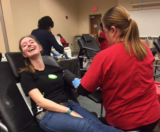 Photo by Samantha Shaw Senior accounting major, Brooke Emmert, decided to face her fears with a smile and roll up a sleeve for the first time to help replenish the needed blood supply for millions.