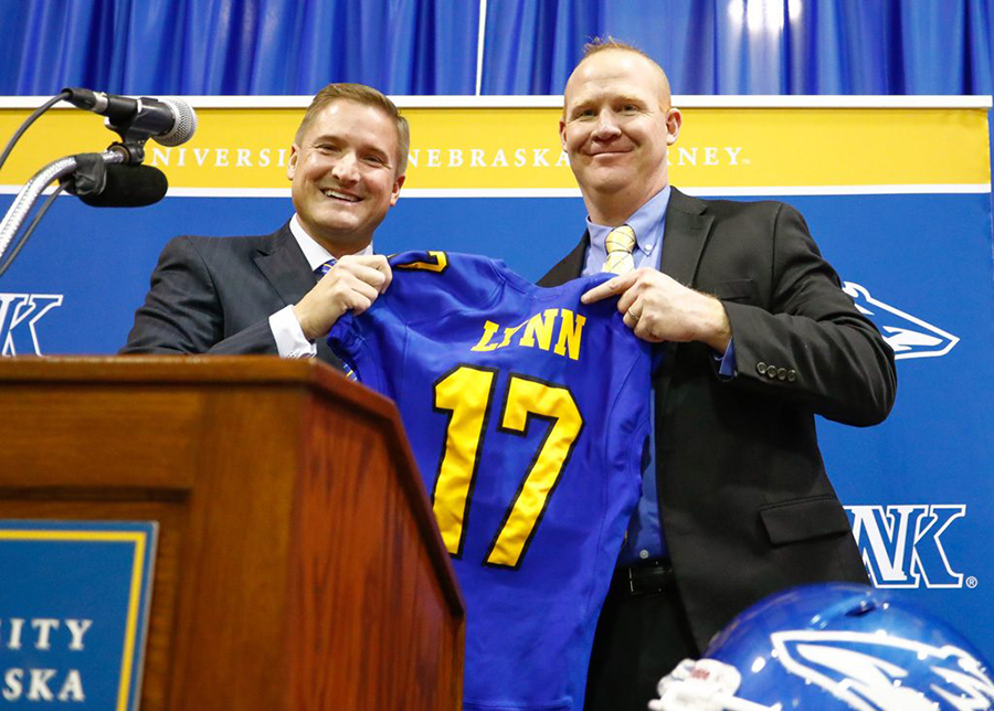 Courtesy+UNK+athletic+director%2C+Paul+Plinske%2C+welcomes+Josh+Lynn+to+the+football+program+back+in+January.+Lynns+past+experience+in+regenerating+struggling+teams+highlights+his+resume.+Eastern+New+Mexico+University+appeared+in+two+bowl+games+under+his+leadership.