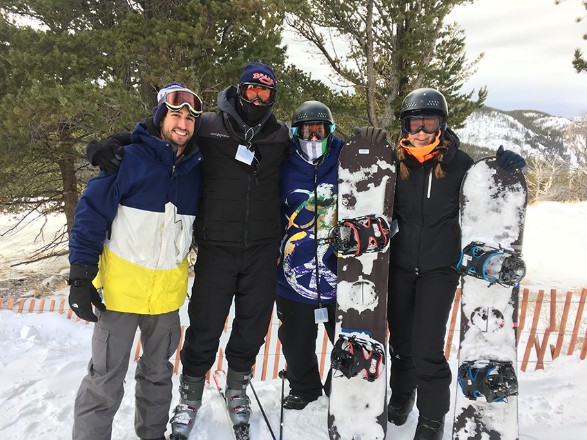 Photo by Michael Buck Students listed from left to right: Jake Barrett, Michael Buck, Jacob McCann and Jaime McCann. The Outdoor Adventures crew takes quick shot on the second day while skiing/boarding Snowy Range in Wyoming. 