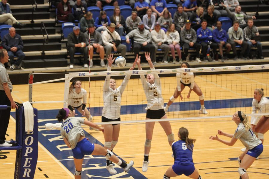 Senior outside, Kendall Schroer, fires in a spike against Missouri Western last Friday night. Schroer ended the game with eight kills, a small sample size compared to her 24 kills against Northwest Missouri State on Saturday.