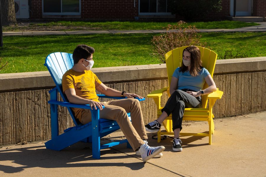 UNK+students+can+enjoy+the+new+blue+and+yelllow+chairs+that+have+been+added+to+campus.