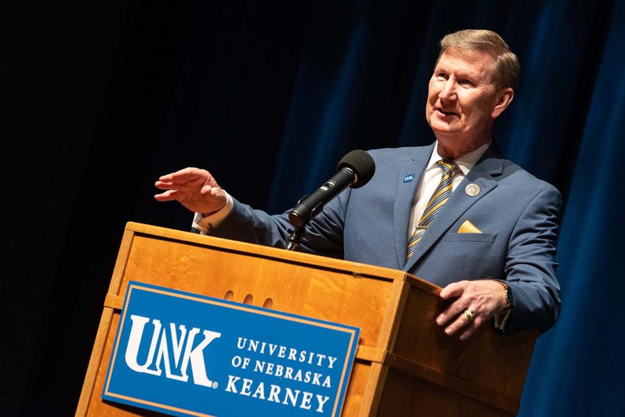 NU President Ted Carter spoke at the Warner Lecture Series in the Miriam Drake Theater.