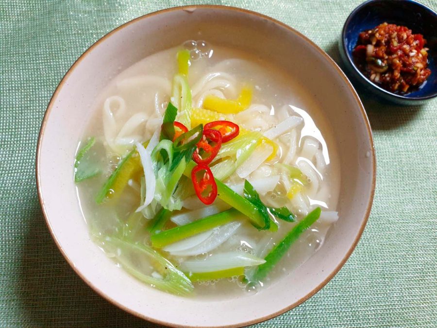 Kalguksu is a traditional Korean soup made with noodles, broth and spices.