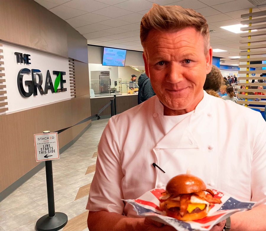 Gordon+Ramsay+presents+one+of+the+burgers+from+his+Chicago+restaurant+at+The+Graze.
