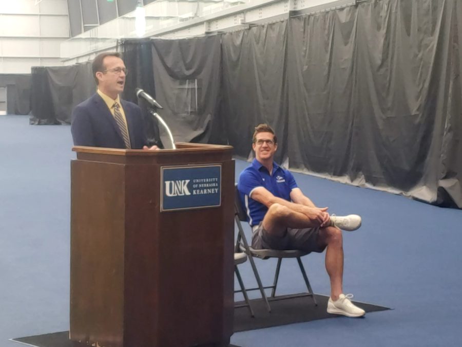 Marc Bauer makes the announcement at the new Ernest Grundy Tennis Facility