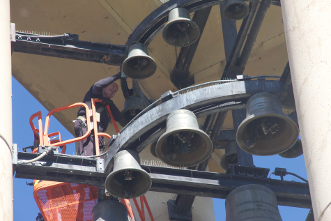 Don Swem, 82, clears bird nests and feathers out of the UNK Bell Tower before he retires. Photo provided by Kolton Maturey / UNK Staff