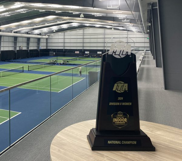 The trophy for the ITA DII womens team indoor championships on display at last years event, also in Kearney. Photo by Alex Hammeke / Antelope Staff