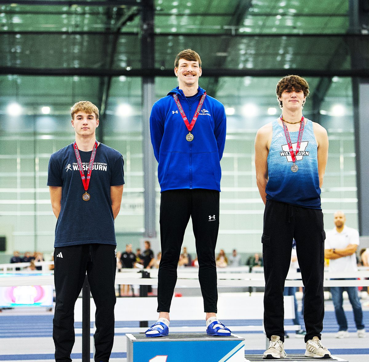UNK's Brayden Sorensen stands at the top of the podium after capturing his third MIAA high jump title last month. Courtesy Photo