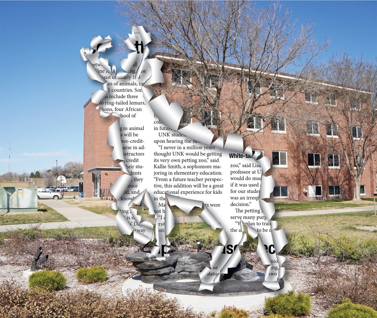 UNK mascot breaks free from pedestal and explores Kearney. Photo illustration by Rachel Ostdiek