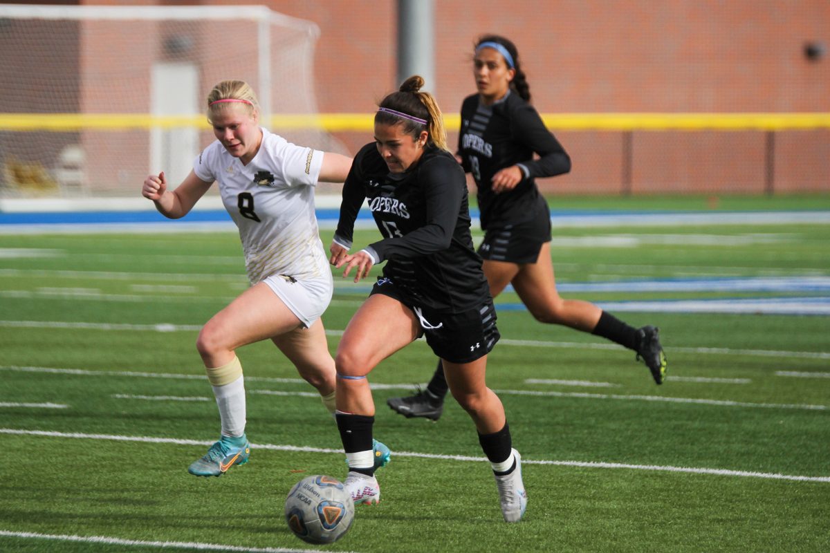 UNK's Ivana Siles tracks down the ball during the match against Northeastern J.C. Siles finished her day with four goals. Photo by Traeton Harimon / Antelope Staff