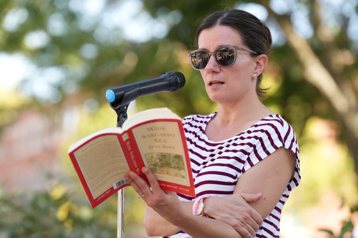 Annarose Steinke, UNK English professor, reads and excerpt. Photo by Gabby Roche / Antelope Staff