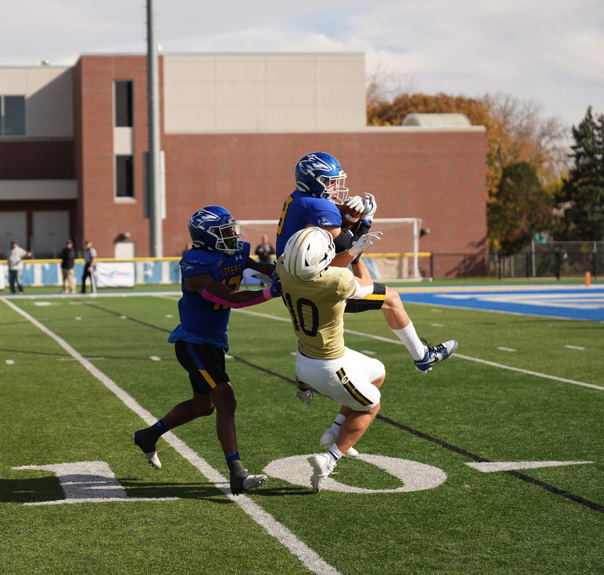 Kendall Brewer intercepted a pass, UNK's 13th of the season which is second in the MIAA. Photo by Jenna Heinz / Antelope Staff