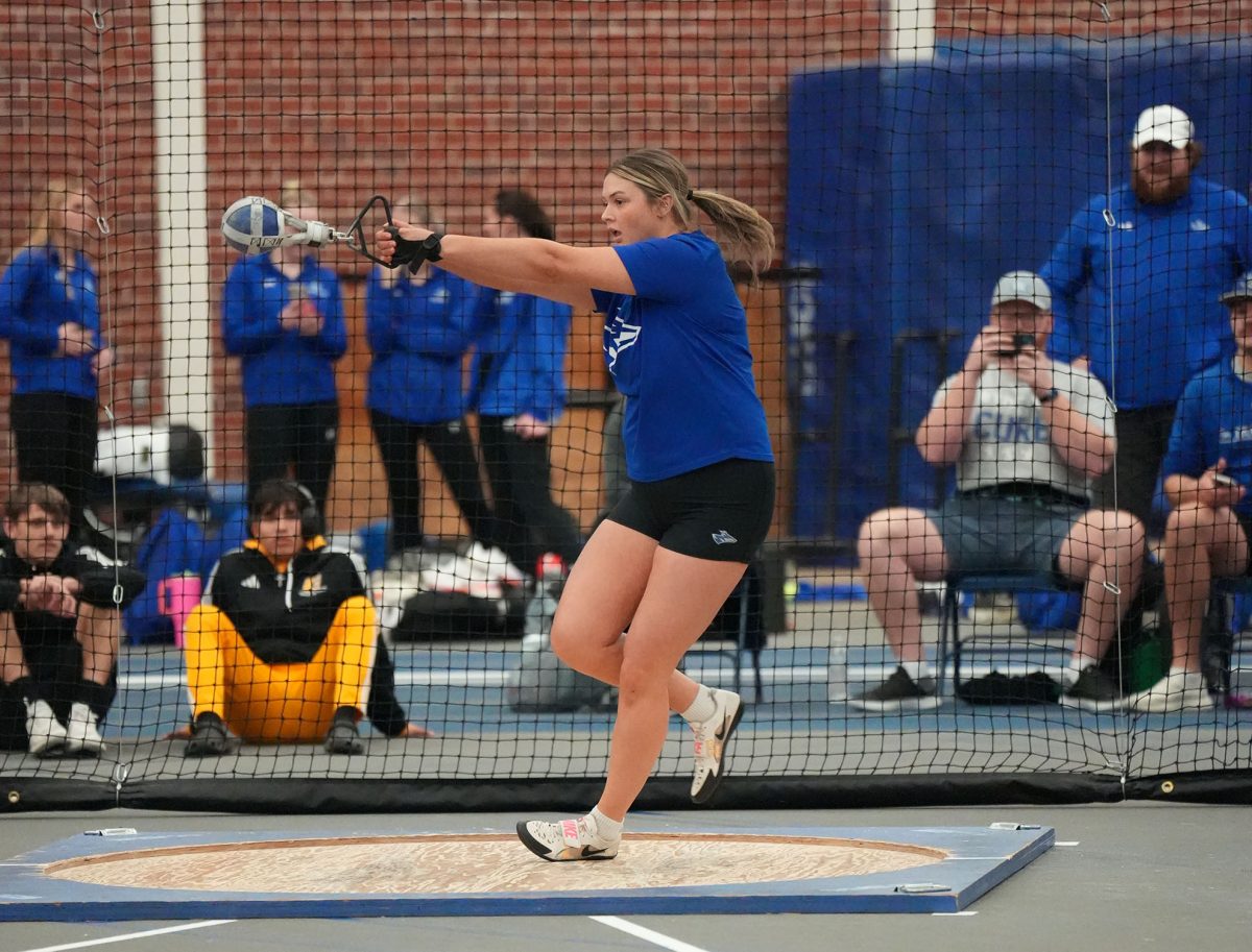 Redshirt Lily Novacek set a school record in the weight throw this weekend with a toss of 63 feet, 6.75 inches. Photo by Preston Larson / Antelope Staff.